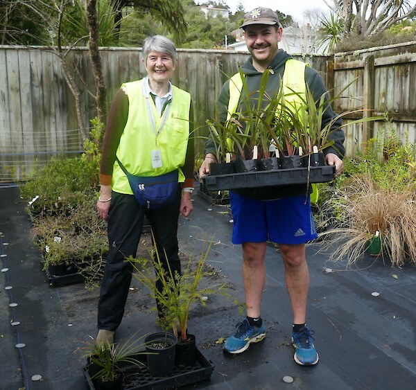Jane and Andrew gathering plants from the Trust Nursery.